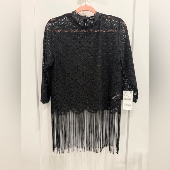 Zara Tops - Zara Black Sheer Lace Fringe Hem Blouse – NWT – Size Large